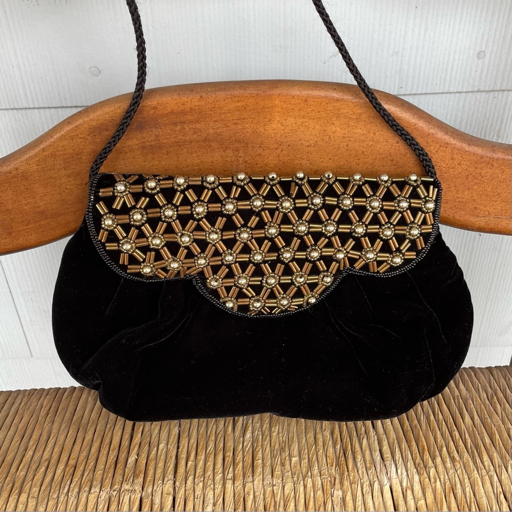 Vintage Carolyne Barton Velvet Beaded Gold Black Crossbody Bag Purse